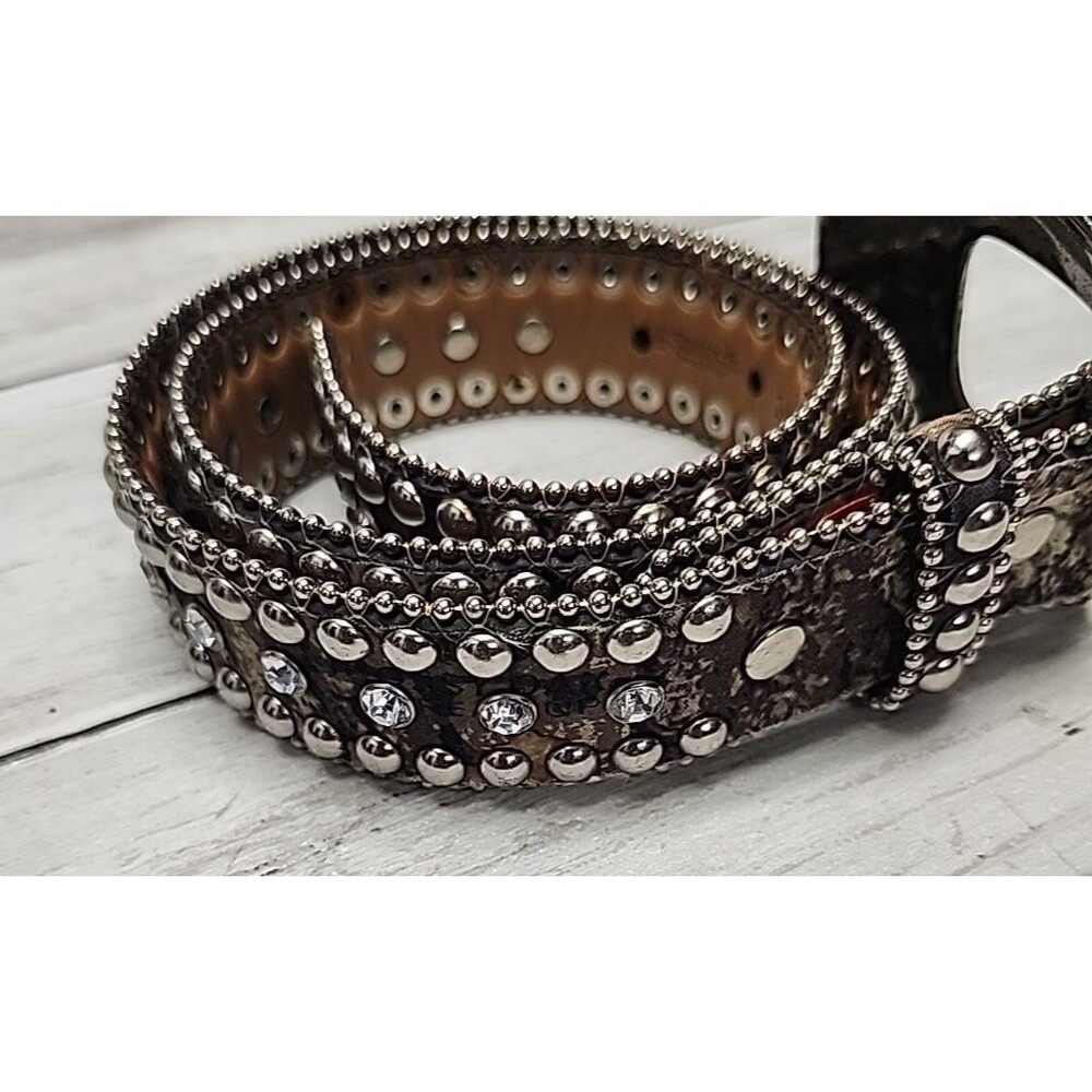 VTG Y2K Leather Buckle Belt NOCONA Animal Print 24 S Western RHINESTONE Studded - Picture 3 of 12